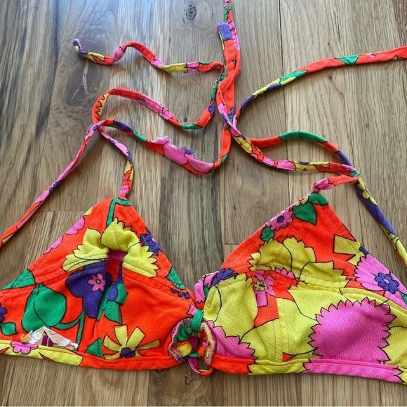 Vtg 60s/70s Floral Tie Bra Bikini Top Size Small - Picture 5 of 6